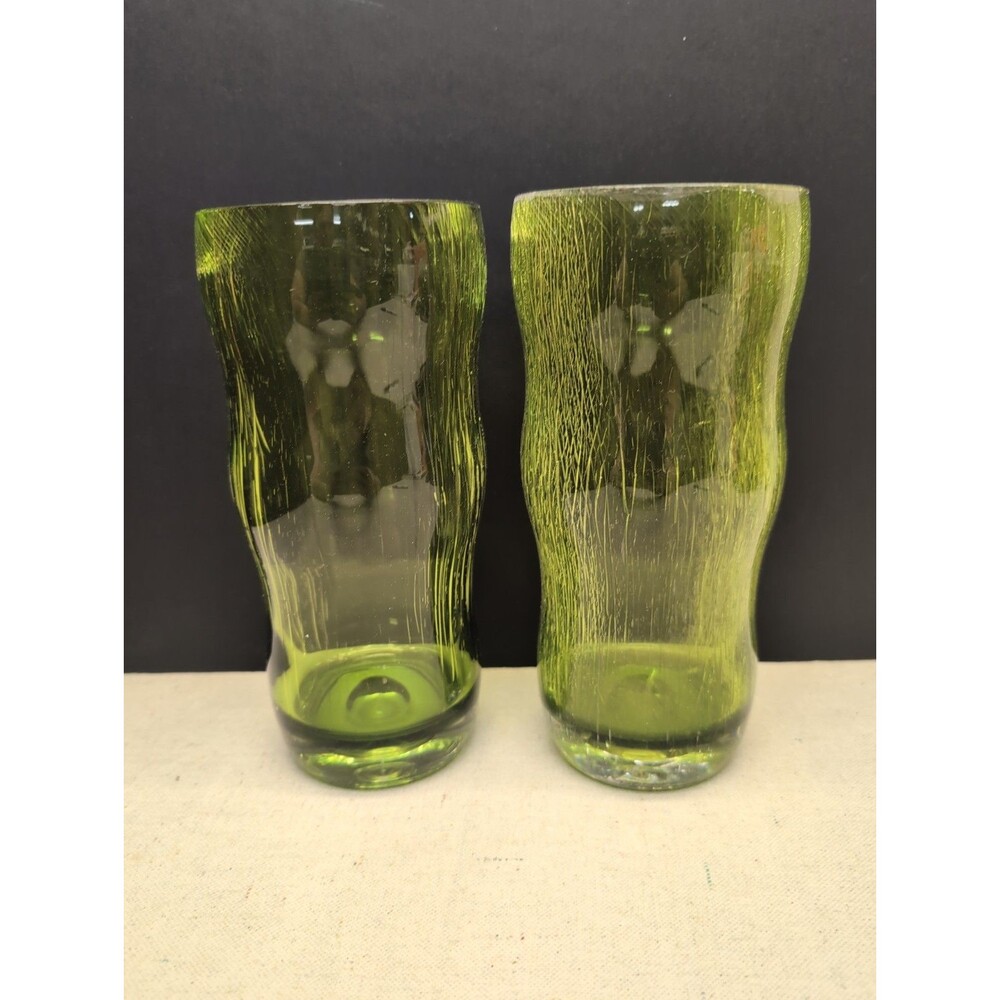 Set Of 2 Vintage Green Tinted Wavy Bambino Style Glassware Drinking Cup Tumbler